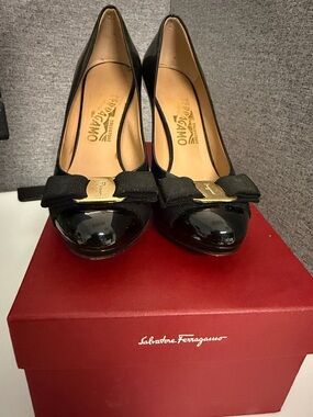 Salvatore Ferragamo Black Patent Bow Pumps with Gold Plaque